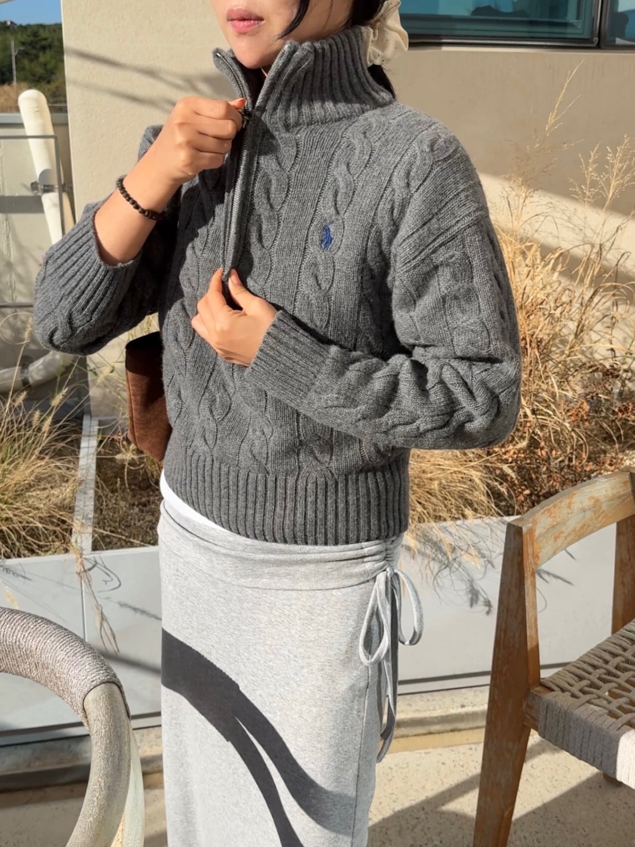 폴로 여성 꽈배기 울 캐시미어 하프 지퍼 스웨터
